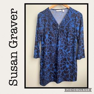 Susan Graver Navy Blue Asymmetrical Floral Print 3/4 Sleeve Tunic Size XS